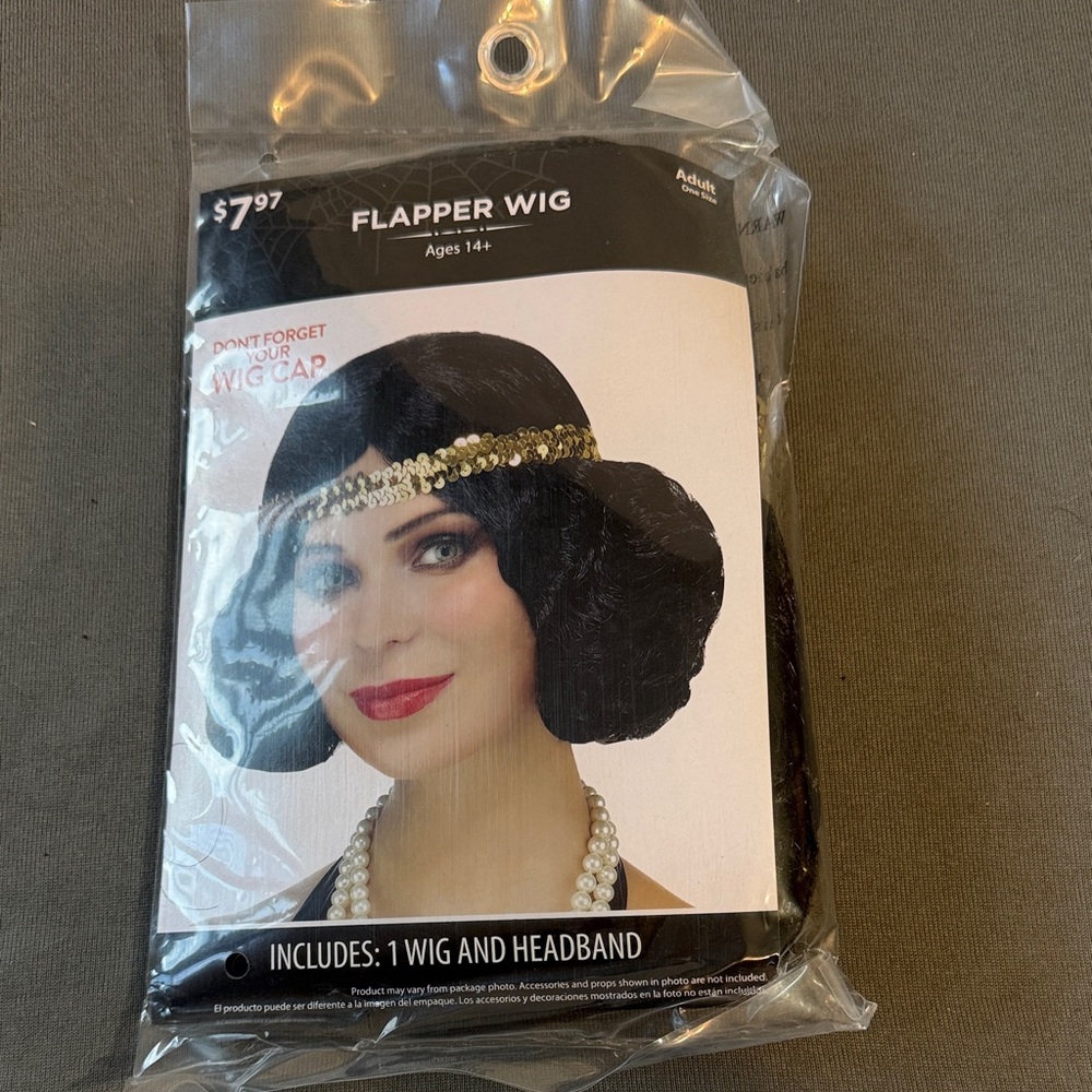 Vintage Style Black Wig with Gold Headband